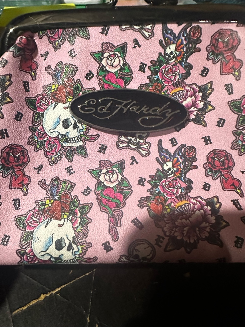 Ed Hardy Pink Floral Skull Coin Purse with Logo Plaque